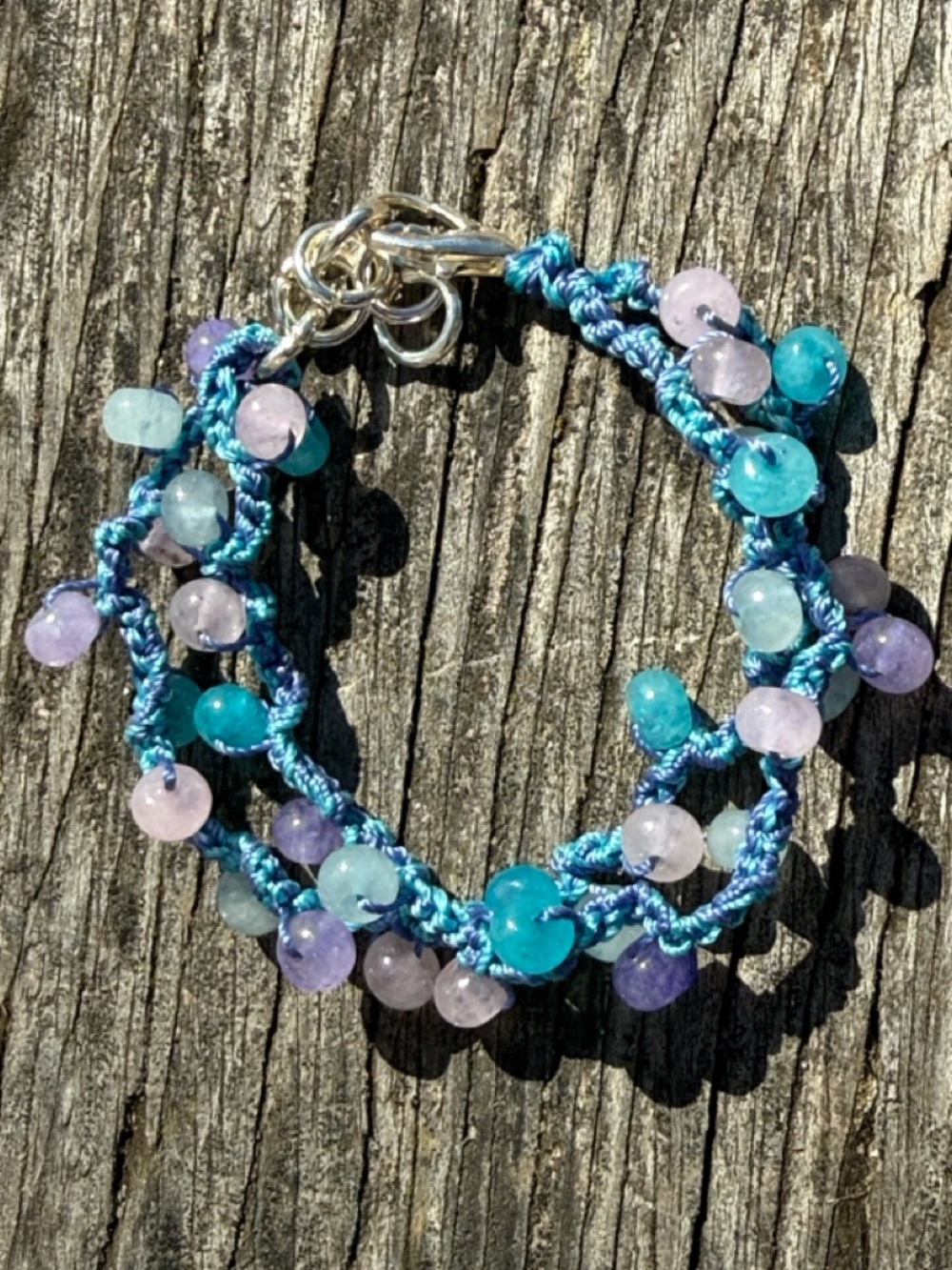 Handmade Blue Braided Bead Bracelet with Aqua & Lavender glass beads